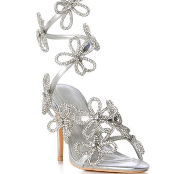 AZALEA WANG"SCULPTED PERFECTION" SILVER FLOWER EMBELLISHED COIL SANDAL(BRAND NEW - Picture 3 of 11